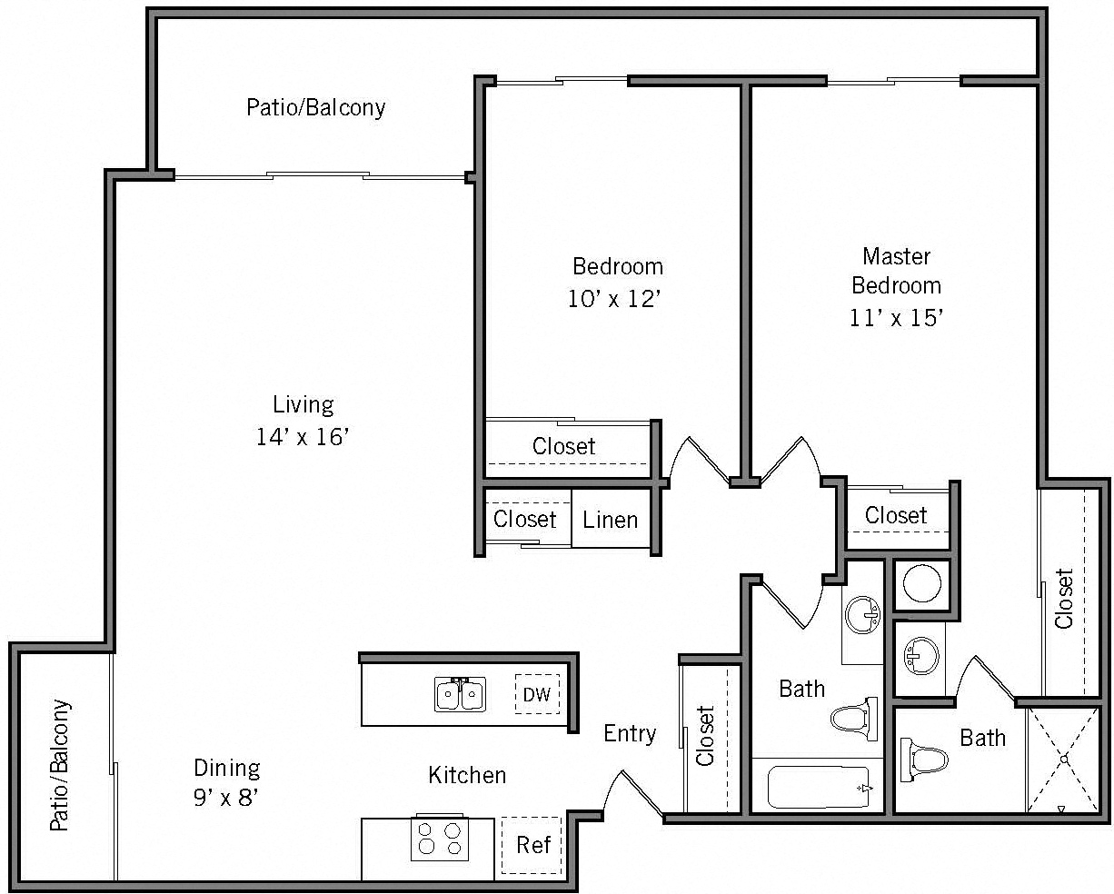 Floor plan for 2 beds, 2 baths, 975 sqft